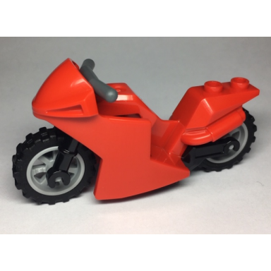 red motorcycle sport bike with black frame light bluish gray wheels and dark bluish gray handlebars