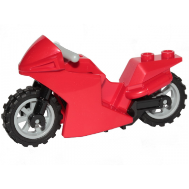 red motorcycle sport bike with black frame light bluish gray wheels and light bluish gray handlebars