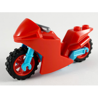 red motorcycle sport bike with medium azure frame red wheels and flat silver handlebars