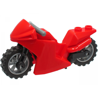 red motorcycle sport bike with black frame flat silver wheels and dark bluish gray handlebars