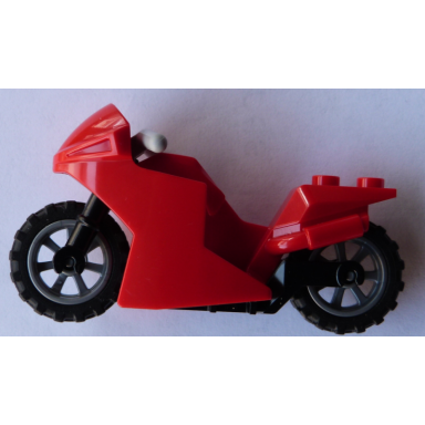 red motorcycle sport bike with black frame flat silver wheels and light bluish gray handlebars