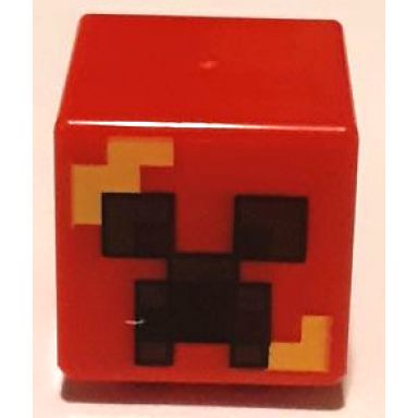red minifigure head modified cube with pixelated black and reddish brown eyes and open mouth frown bright light orange flames pattern minecraft exploding creeper