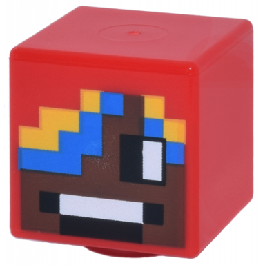 red minifigure head modified cube with pixelated reddish brown face black and white eyes and mouth blue and yellow hair pattern minecraft parrot handler