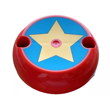 red cylinder hemisphere 7 x 7 flat pod half with 2 pin holes with black outlined yellow star on blue circle pattern
