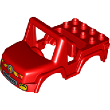 red duplo car body off road with headlights and fire department logo pattern
