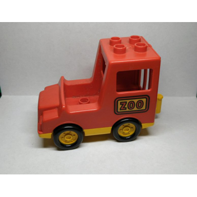 red duplo truck with covered bed and yellow base with zoo pattern