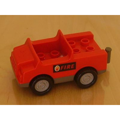 red duplo car with 2 x 2 studs and dark gray base with fire pattern