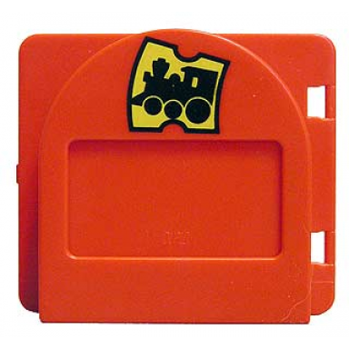 red duplo door window pane mailbox 1 x 4 x 3 raised with flap with yellow train ticket with black locomotive pattern