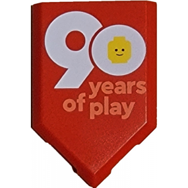 red tile modified 2 x 3 pentagonal with 90 years of play logo pattern
