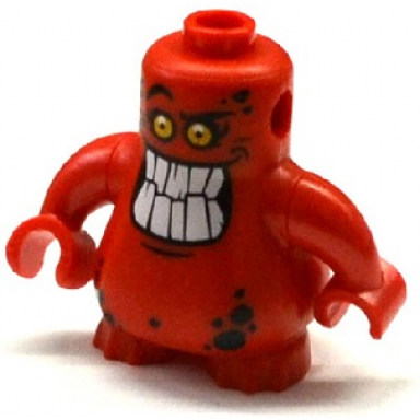 red body nexo knights scurrier with red arms with bright light orange eyes and open mouth smile with 10 flat white teeth pattern