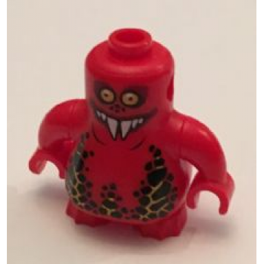red body nexo knights scurrier with red arms with bright light orange eyes and closed mouth smile with 6 sharp white teeth pattern