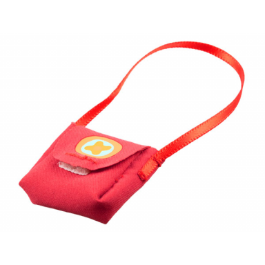 red scala cloth purse with yellow x in circle pattern