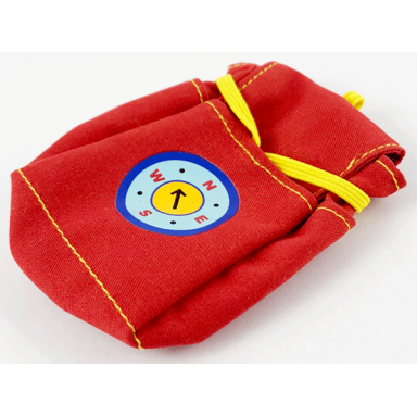 red scala cloth backpack with yellow strap with compass pattern