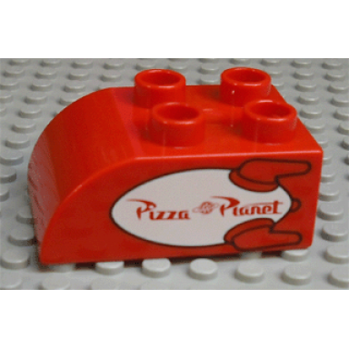 red duplo brick 2 x 3 slope curved with pizza planet on white rocket pattern
