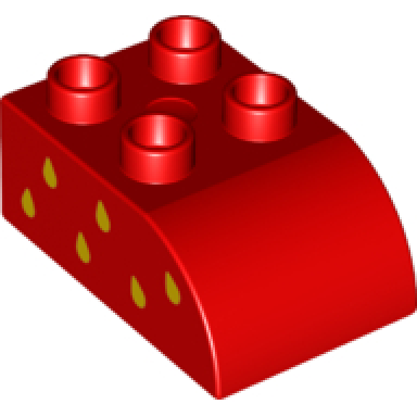 red duplo brick 2 x 3 slope curved with yellow seeds pattern model left side