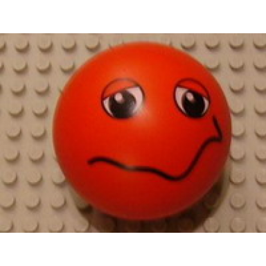 red duplo ball for ball tube with wavy smile and black and white eyes with eyelids pattern