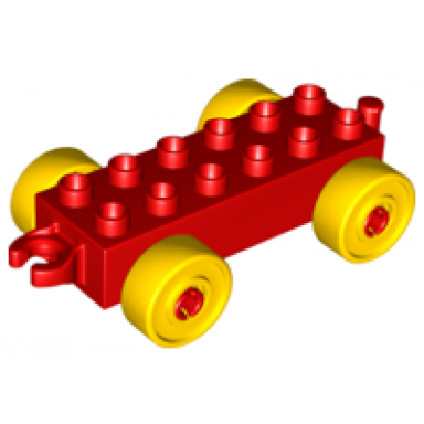 red duplo car base 2 x 6 with open hitch end and yellow wheels