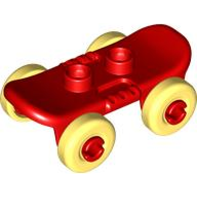 red duplo skateboard with bright light yellow wheels