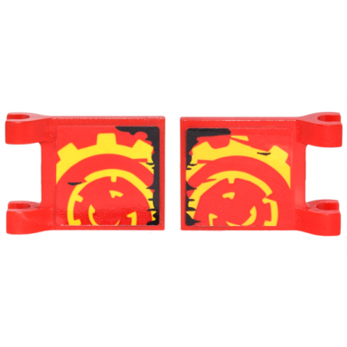 red flag 2 x 2 square with yellow gear on red background and black ripped edge pattern on both sides stickers - set 70626