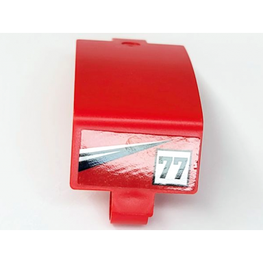 red technic panel curved 3 x 5 x 3 with black 77 on white square black and white triangular stripes pattern sticker - set 42109