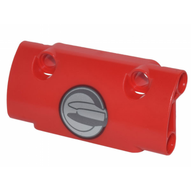red technic panel curved 7 x 3 with 2 pin holes through panel surface with silver and black circle tank cap pattern