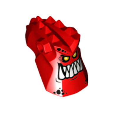 red minifigure head modified alien with spikes on top and holes on sides with white pointed teeth and bright light orange eyes pattern burnzie
