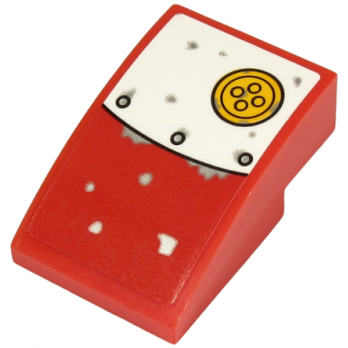 red slope curved 3 x 2 with white and red metal plate and yellow button pattern sticker - set 70432