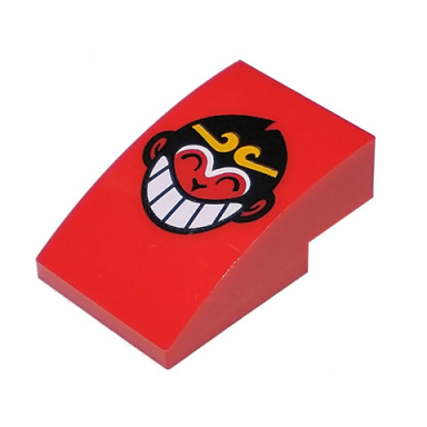 red slope curved 3 x 2 with monkey face with black hair bright light orange crown and white grinning teeth monkie head logo pattern