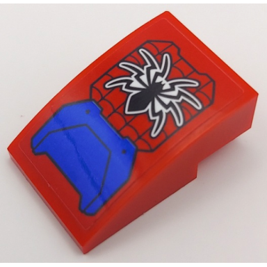 red slope curved 3 x 2 with black spider webbing and blue hull plate pattern sticker - set 76115