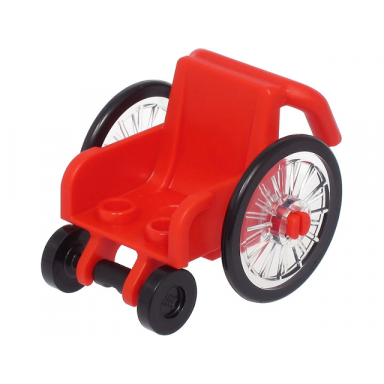 red minifigure utensil wheelchair with trans-clear wheelchair wheels and black trolley wheels 24312 24314pb01 2496