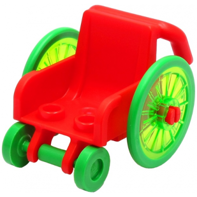 red minifigure utensil wheelchair with trans-bright green wheelchair wheels and bright green trolley wheels 24312 24314pb02 2496