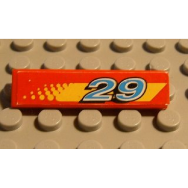 red tile 1 x 4 with blue and white 29 on yellow stripe with dot fade pattern model left side sticker - set 8829