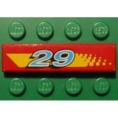 red tile 1 x 4 with blue and white 29 on yellow stripe with dot fade pattern model right side sticker - set 8829