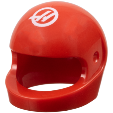 red minifigure headgear helmet motorcycle standard with haas formula 1 logo stylized white capital letter h in circle pattern