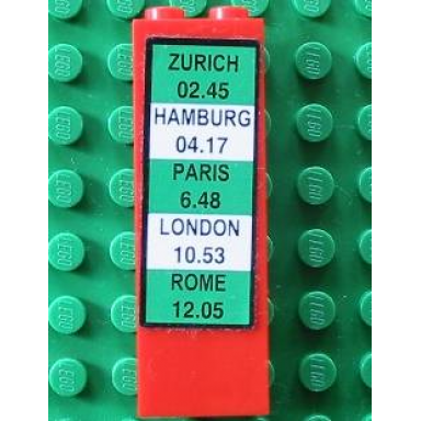 red brick 1 x 2 x 5 with zurich - hamburg - paris - london - rome train schedule pattern sticker - set 4556