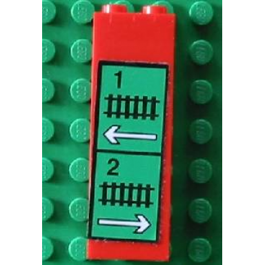 red brick 1 x 2 x 5 with train track white arrows and 1 and 2 pattern sticker - set 4556