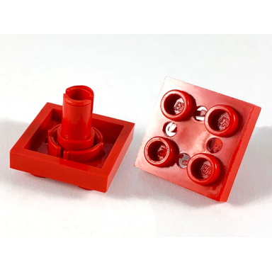 red plate modified 2 x 2 with pin on bottom small holes in plate and locking fingers on underside