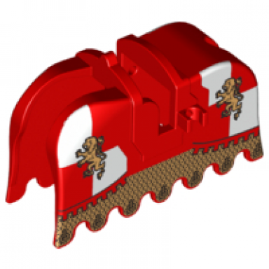 red horse barding ruffled edge with gold lions and gold chain mail pattern