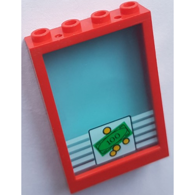 red window 1 x 4 x 5 with hollow studs with trans-light blue glass with bank money 100 bill and 4 coins pattern 2493b 2494pb03