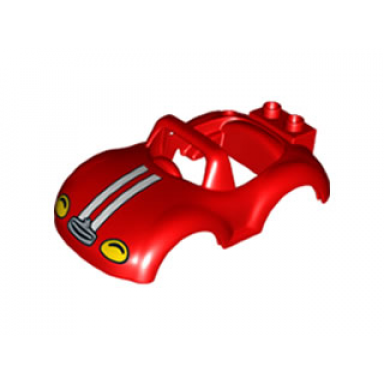 red duplo car body with windscreen frame with yellow headlights and white racing stripes pattern