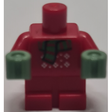 red body baby toddler with fixed arms with molded sand green hands and printed christmas sweater and scarf pattern