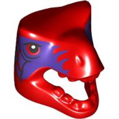 red minifigure headgear head cover costume tyrannosaurus rex dragon with black eyes and dark purple markings and scales pattern