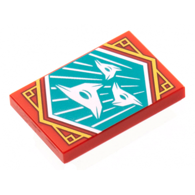 red tile 2 x 3 with white 3-pointed shuriken throwing stars on dark turquoise background with gold trim pattern ninjago surprise banner