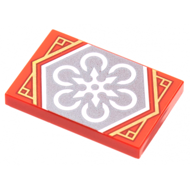 red tile 2 x 3 with white 6-pointed shuriken throwing star on silver background with gold trim pattern ninjago teamwork banner
