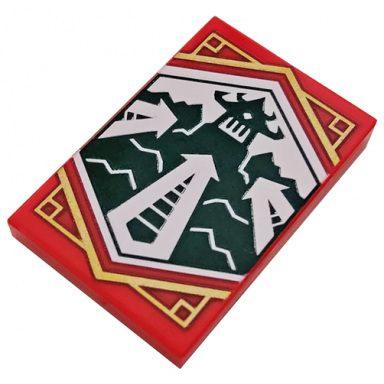 red tile 2 x 3 with white arrows pointing at dojo temple on dark green background with gold trim pattern ninjago adaptability banner