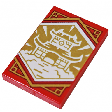 red tile 2 x 3 with white dojo temple on gold background with gold trim pattern ninjago wisdom banner