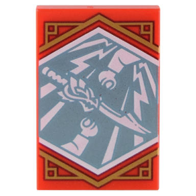 red tile 2 x 3 with white dragon sword and minifigure arms on metallic light blue background with gold trim pattern ninjago generosity banner