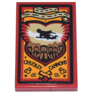 red tile 2 x 3 with poster with tan banner and black quidditch player team and chudley cannons pattern sticker - set 76437