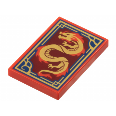 red tile 2 x 3 with dragon on dark red background with ornate dark blue and gold border pattern