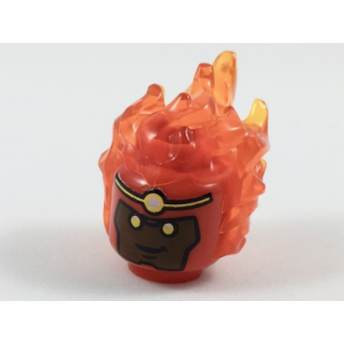 red minifigure head modified with molded trans-orange flaming hair and printed reddish brown face yellow eyes and headband pattern firestorm
